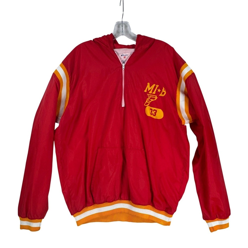 Vintage Champion Quarter Zip Windbreaker Red Hooded Pullover MI-B 33 Mens Medium